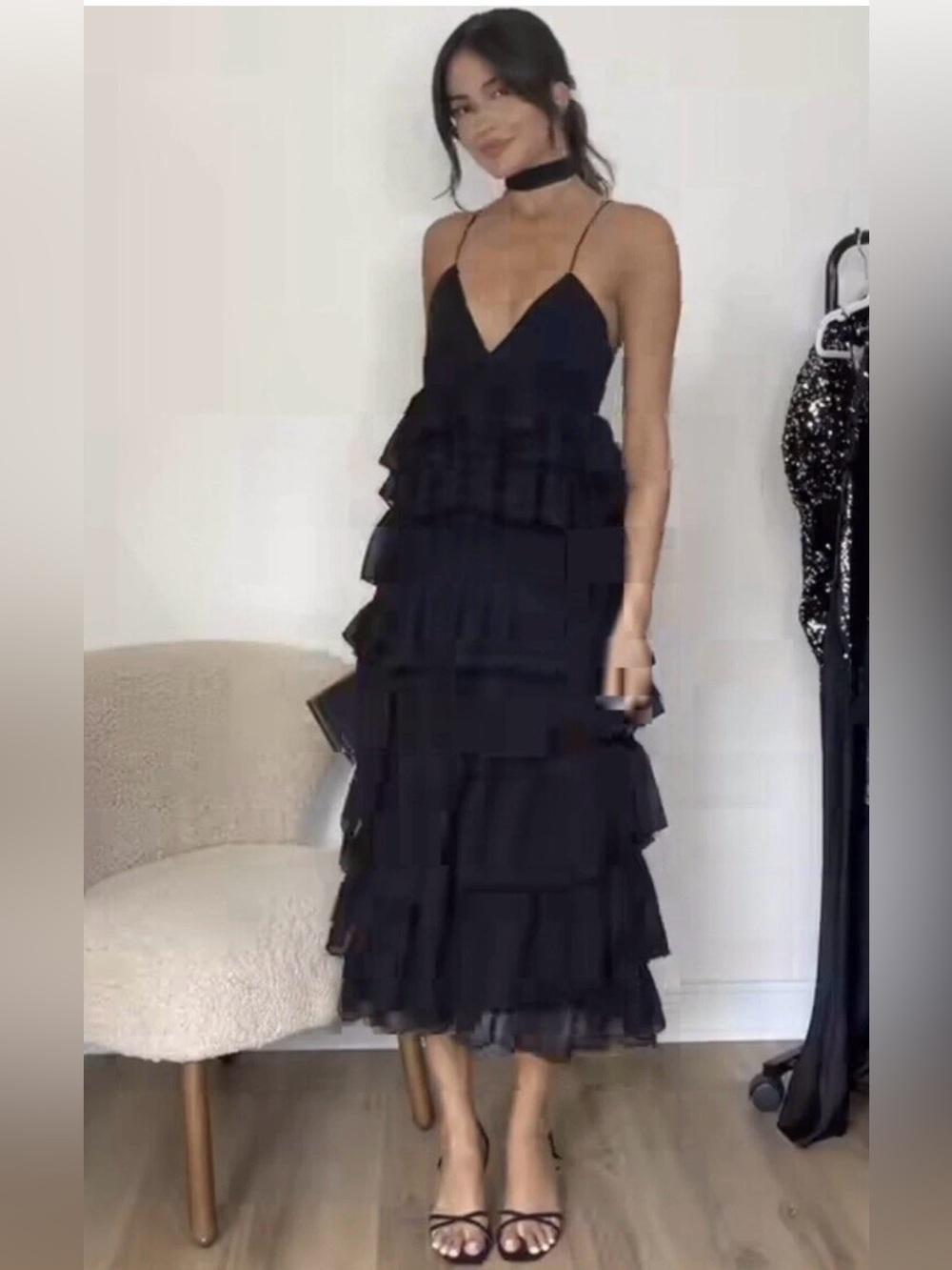 Zara Black Spaghetti-Strap Tiered Midi Dress